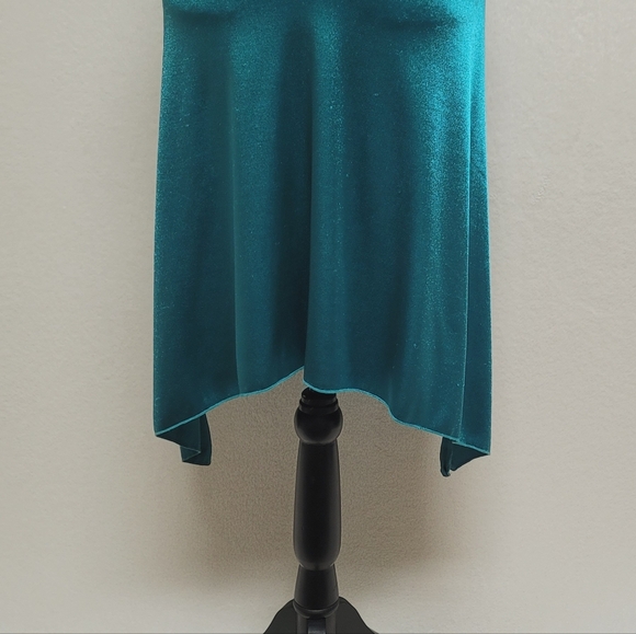 Deadstock Vintage Charlotte Russe Teal Satin Brooch Shark Bite Hem Halter Dress - Picture 6 of 14